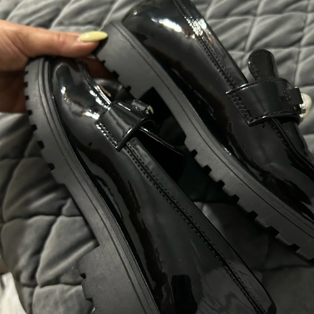 MARC FISHER Kids Designer Black Patent Mary Jane Loafer Shoes withPearl Sz 5